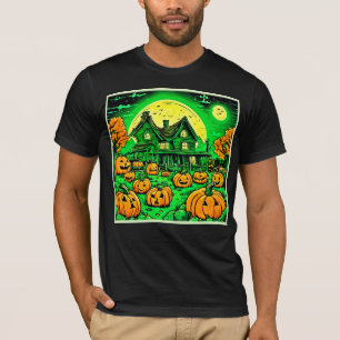 Camiseta Eerie Nightfall: Patch de Abóbora de Cartoon de Ha