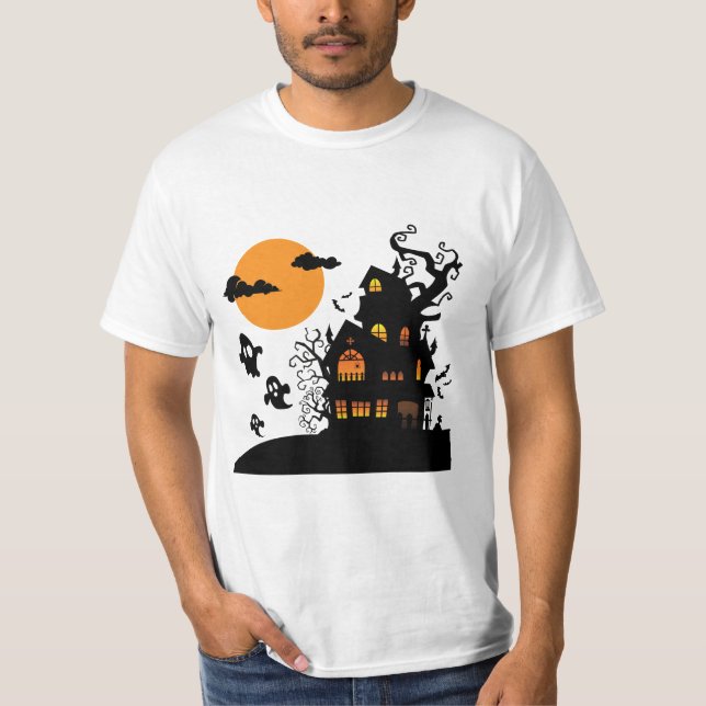 Camiseta Eerie Orange Spooky Hauned House Arte Silhouette (Frente)