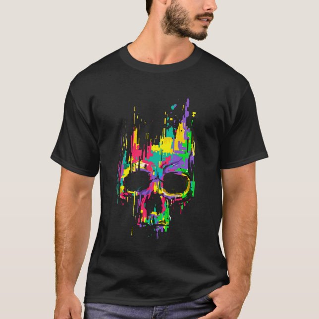 Camiseta Efeitos de Pixel de Caveira Trippy EDM Rave Festa  (Frente)