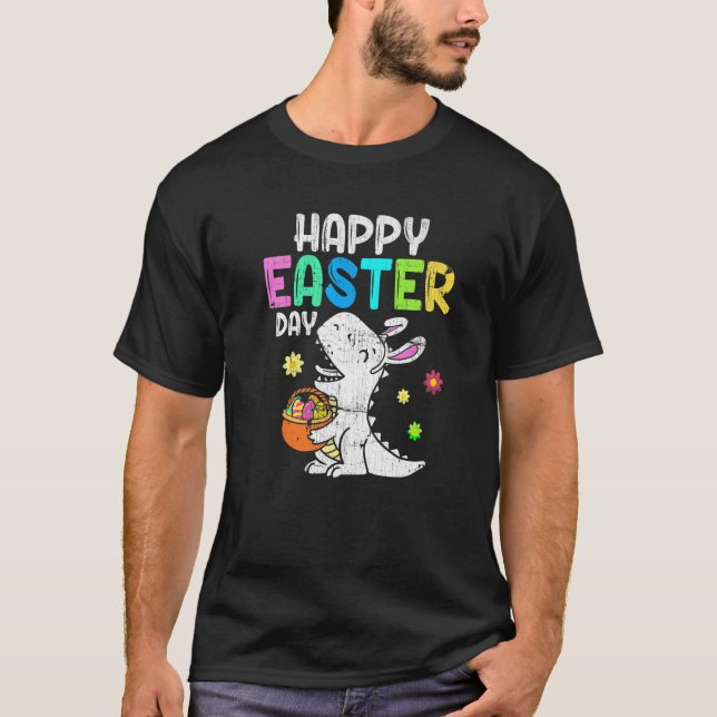 Camiseta Eggs Basket Bunny T Rex Dinosaur Happy Easter Day  (Frente)