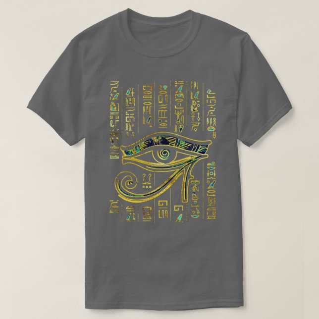 Camiseta Egípcio Olho de Hólio em mães e ouro hieroglíficos (Frente do Design)