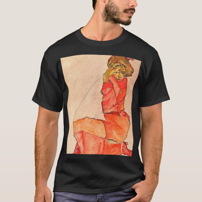 Camiseta Egon Schiele - fêmea de ajoelhamento no vestido do (Frente)