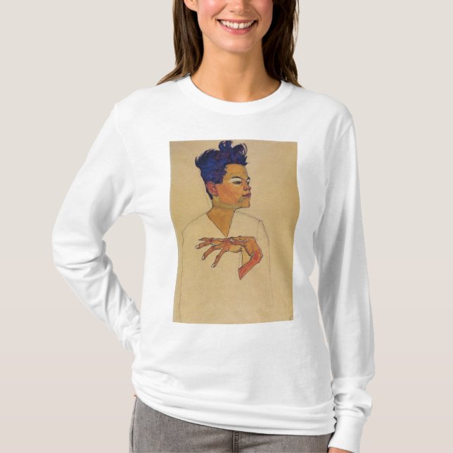 Camiseta Egon Schiele - Retrato Automático Com Mãos No Peit (Frente)
