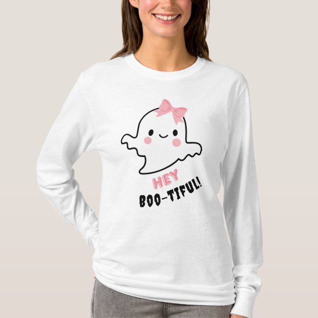 Camiseta Ei, Boo-Linda! Fantasma Bonita Com Halloween De Ar (Frente)