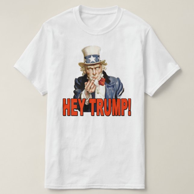 Camiseta Ei Trump! Tio Sam com Trump Anti-Dedo Médio (Frente do Design)