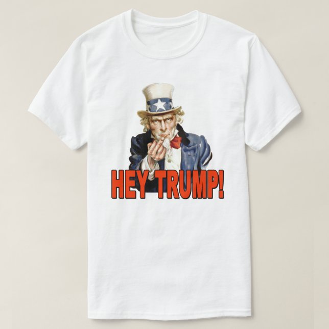 Camiseta Ei Trump! Tio Sam com Trump Anti-Dedo Médio (Frente do Design)