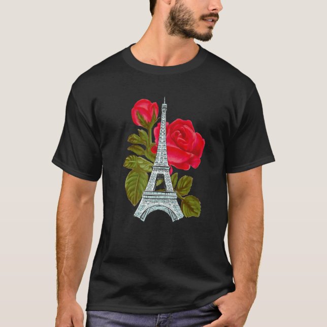 Camiseta Eiffel Tower with Rose Love Paris Roses French Lov (Frente)