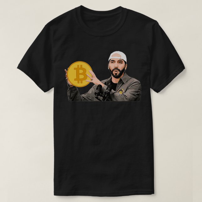 Camiseta El Salvador Bitmoney Bukele com curso legal Crypto (Frente do Design)