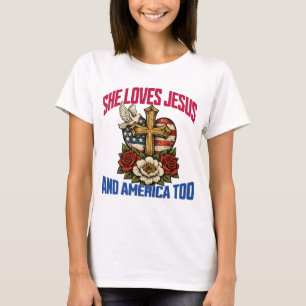 Camiseta Ela Ama Jesus e a América Também 4 de Julho Cristã