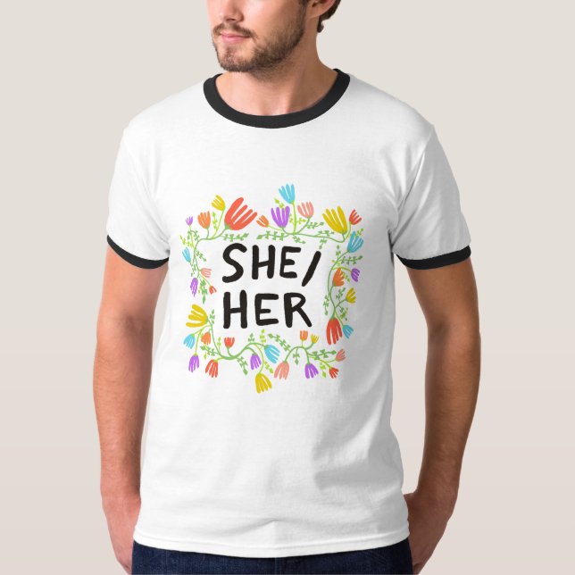 Camiseta Ela/Ela Pronounes Rainbow Flowers Colorful T-Shirt (Frente)
