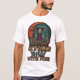 Camiseta Ela Está Chegando Brinquedo de Halloween Boneca As