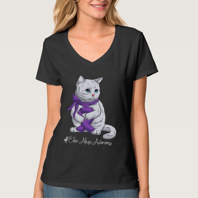 Camiseta Elder Abuse Awareness Month Purple Ribbon Cat (Frente)
