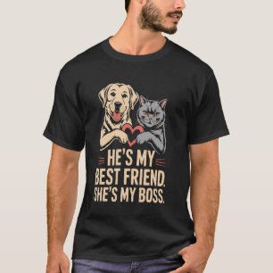 Camiseta Ele é meu melhor amigo Ela é minha chefe Gato Aman