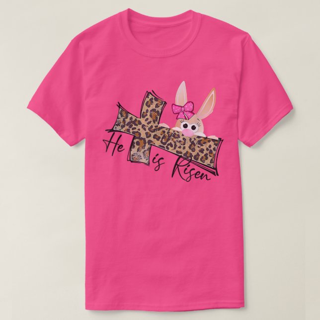 Camiseta Ele É Risen Christian Bunny Ears Leopardo Faith Cr (Frente do Design)