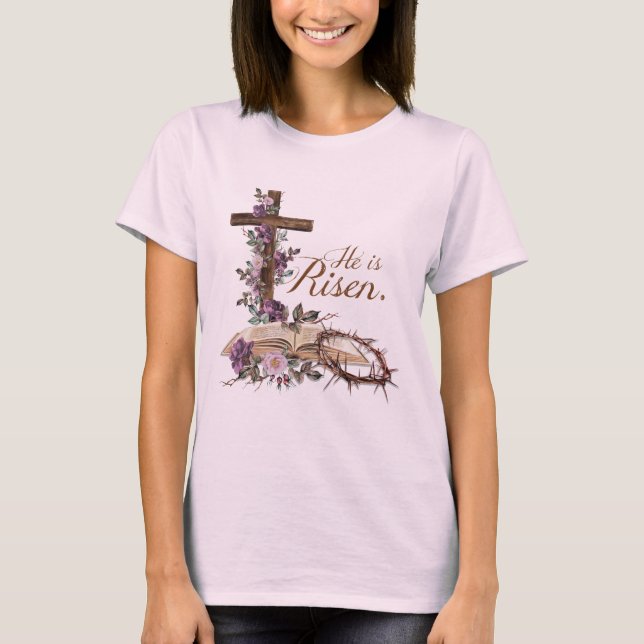Camiseta Ele é Risen Floral Cross com Bíblia (Frente)