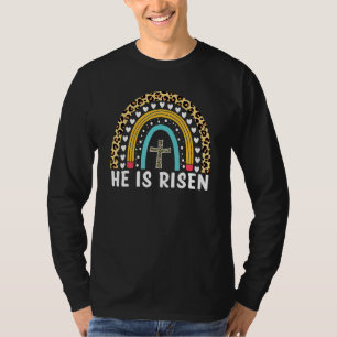 Camiseta Ele É Risen Leopard Rainbow Christian Jesus Feliz