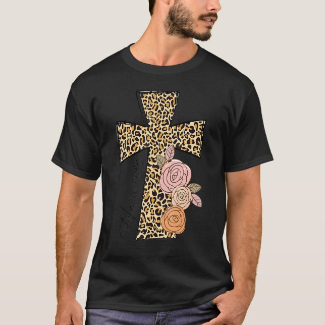 Camiseta Ele É Risen Leopard Rainbow Christian Jesus Feliz (Frente)