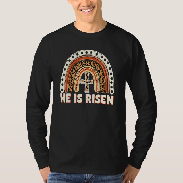 Camiseta Ele É Risen Leopard Rainbow Christian Jesus Feliz (Frente)
