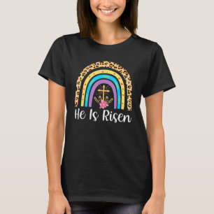 Camiseta Ele É Risen Leopard Rainbow Christian Jesus Feliz