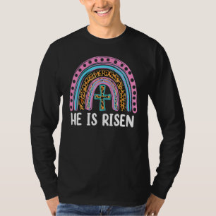 Camiseta Ele É Risen Leopard Rainbow Christian Jesus Feliz