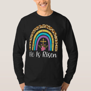 Camiseta Ele É Risen Leopard Rainbow Christian Jesus Feliz