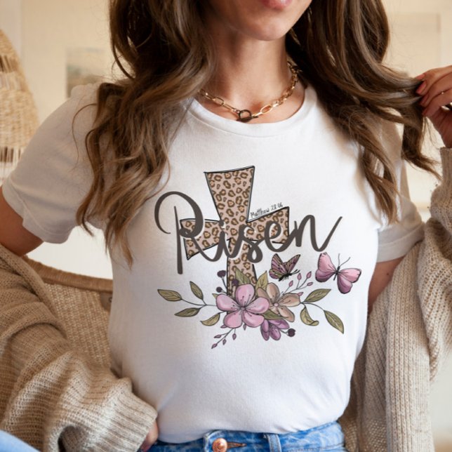 Camiseta Ele é Risen Páscoa Christian Cross Leopard (Criador carregado)