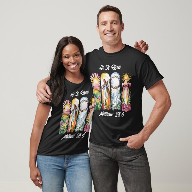 Camiseta Ele é risen Páscoa lírios preto (Unissex)