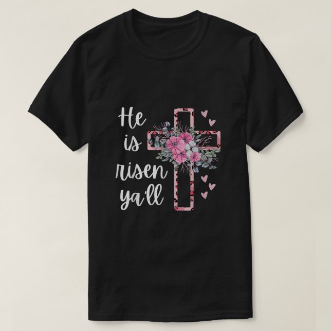 Camiseta Ele é Risen Yall Cheetah Cross Christian Faith Hap (Frente do Design)