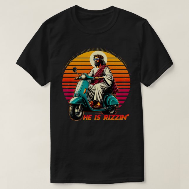 Camiseta Ele É Rizzen Jesus É Rizzen Jesus Tem Fundido Rizz (Frente do Design)