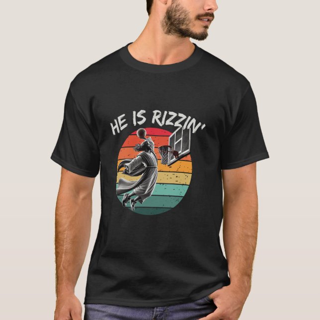 Camiseta Ele É Rizzin Engraçado Jesus Jogando Basquete Memó (Frente)