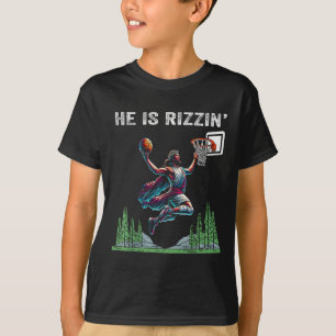 Camiseta Ele É Rizzin Piada de Páscoa Jesus Sketll Meme Hom