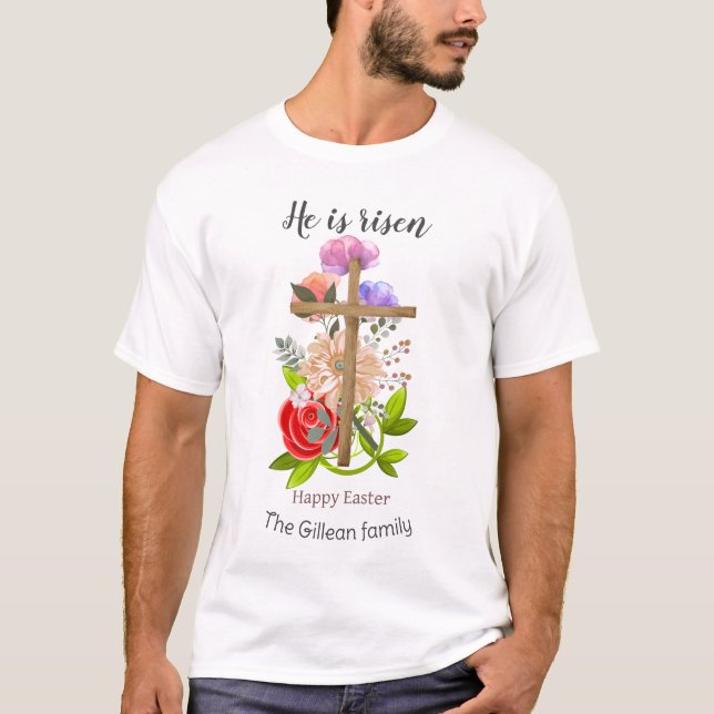 Camiseta Ele está erguido, família floral de Páscoas de mad (Frente)