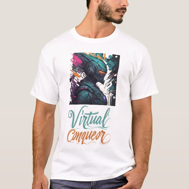 Camiseta Ele evoca um sentido de domínio e triunfo no di (Frente)