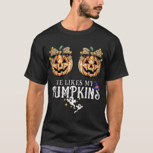 Camiseta Ele Gosta Dos Meus Pumpkins Adoro Os Casais De Mão