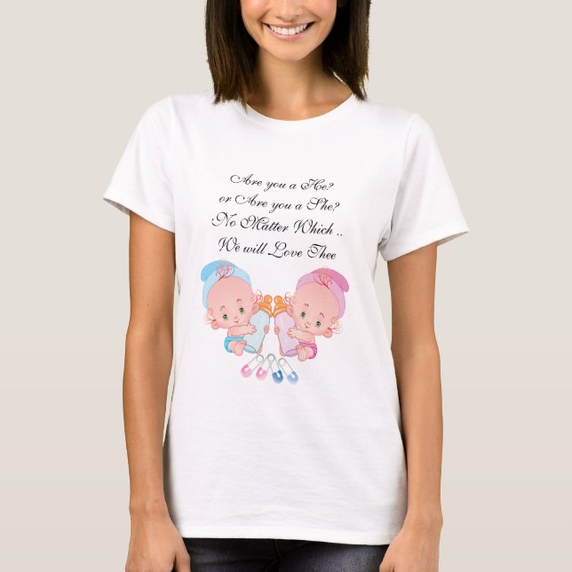 Camiseta Ele ou Ela Rosa E Bebês Azuis Esperando Camisa-T (Frente)