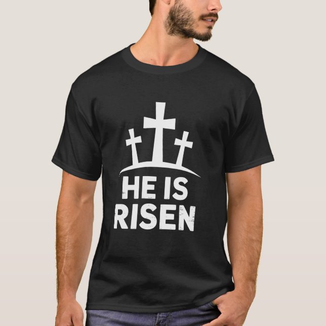 Camiseta Ele ressuscitou com cruz para a Páscoa cristã (Frente)