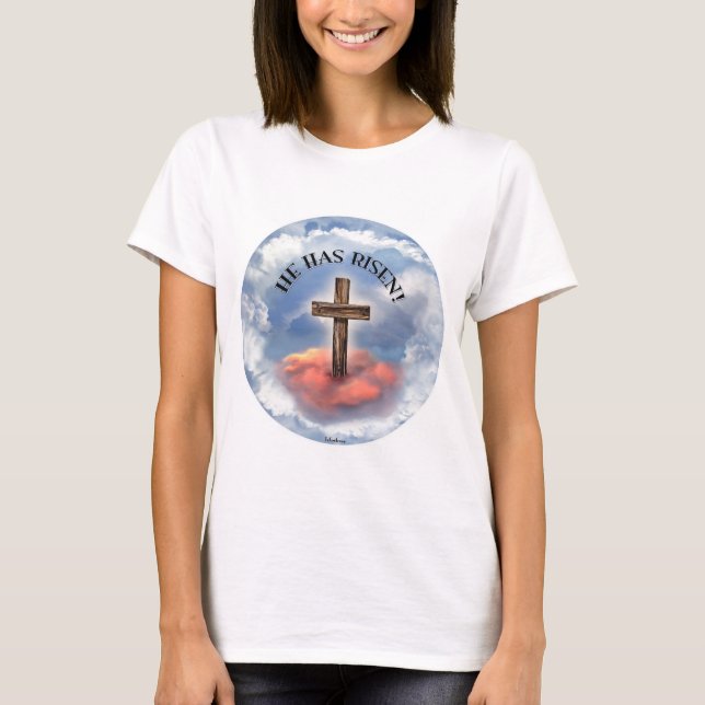 Camiseta Ele Ressuscitou Cruz Áspera Com Nuvens (Frente)