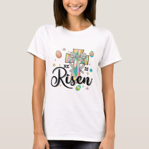 Camiseta Ele Ressuscitou Cruz Coquete Laço Ovos Cristão Pás