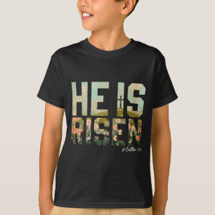 Camiseta Ele Ressuscitou Cruz Cristã Jesus Versículo Bíblic