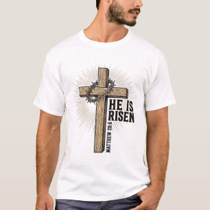 Camiseta Ele Ressuscitou Cruz Mateus 28_6 Antigo Design Cri