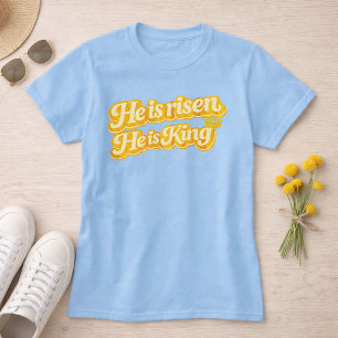 Camiseta Ele Ressuscitou Ele é o Rei Fonte Retro Páscoa Cri