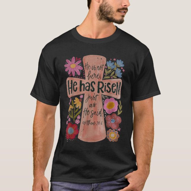 Camiseta Ele Risen Christian Páscoa Boho Floral (Frente)