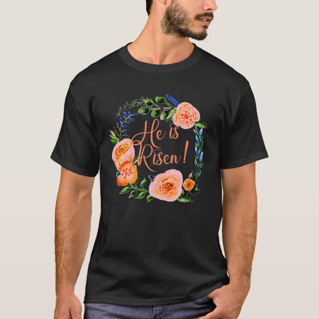 Camiseta ELE SE LEVANTOU com Belo Aro Floral PÁSCOA (Frente)