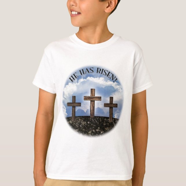Camiseta Ele sobe 3 cruzamentos robustos com a oração de De (Frente)