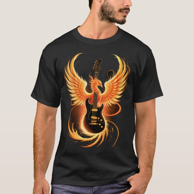 Camiseta Electric Guitar With Fiery Winged Silhouette In Bl (Frente)