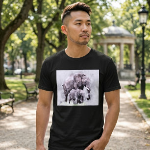 Camiseta Elefante-Africano Fêmea com Filhote Aquarela