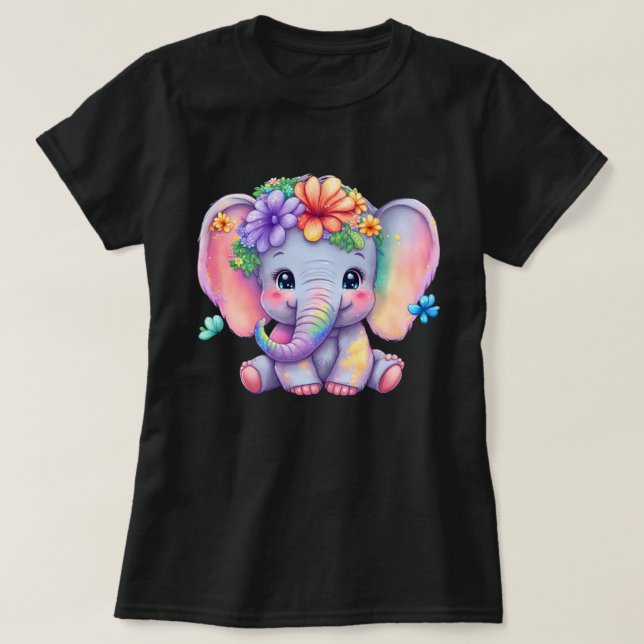 Camiseta Elefante Arco-Íris Com Coroa Floral E Borboleta (Frente do Design)