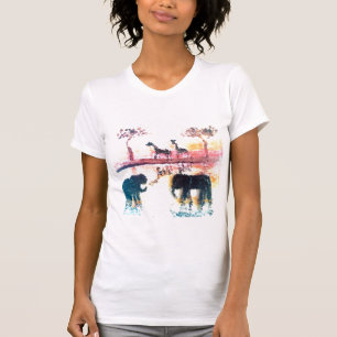 Camiseta Elefante, arte do por do sol do safari do girafa