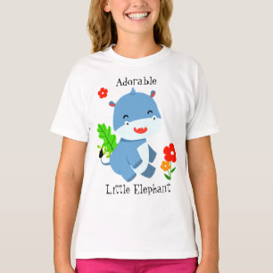 Camiseta Elefante Azul Cinto Com Flores Vermelhas