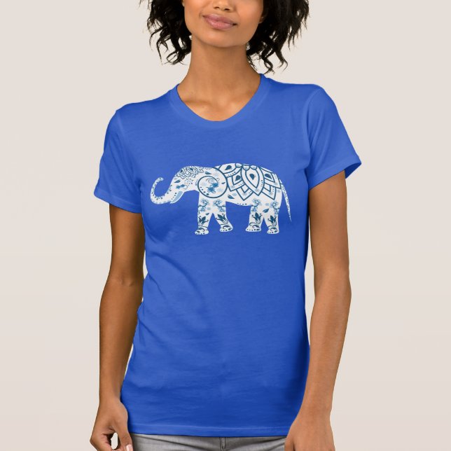 Camiseta Elefante Azul Padrão do ornamentado (Frente)